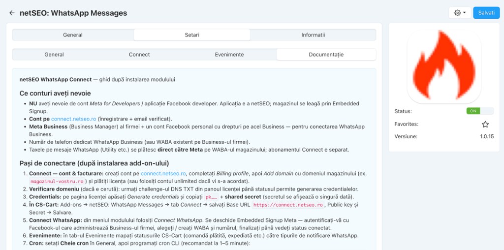 Documentație în modulul CS-Cart netSEO WhatsApp Messages — ghid după instalare