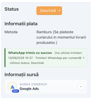 Comandă CS-Cart cu notificare WhatsApp trimisă cu succes
