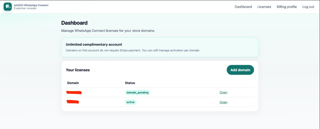 Consolă client netSEO WhatsApp Connect — licențe pe domenii