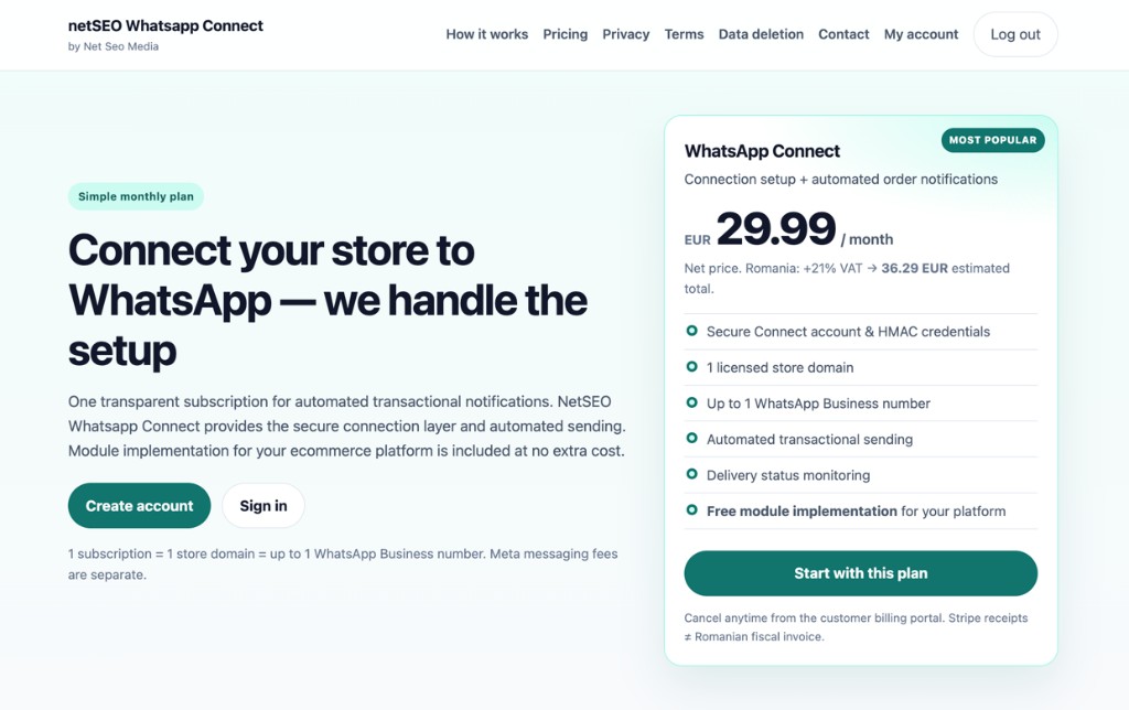 netSEO WhatsApp Connect — plan lunar 29.99 EUR